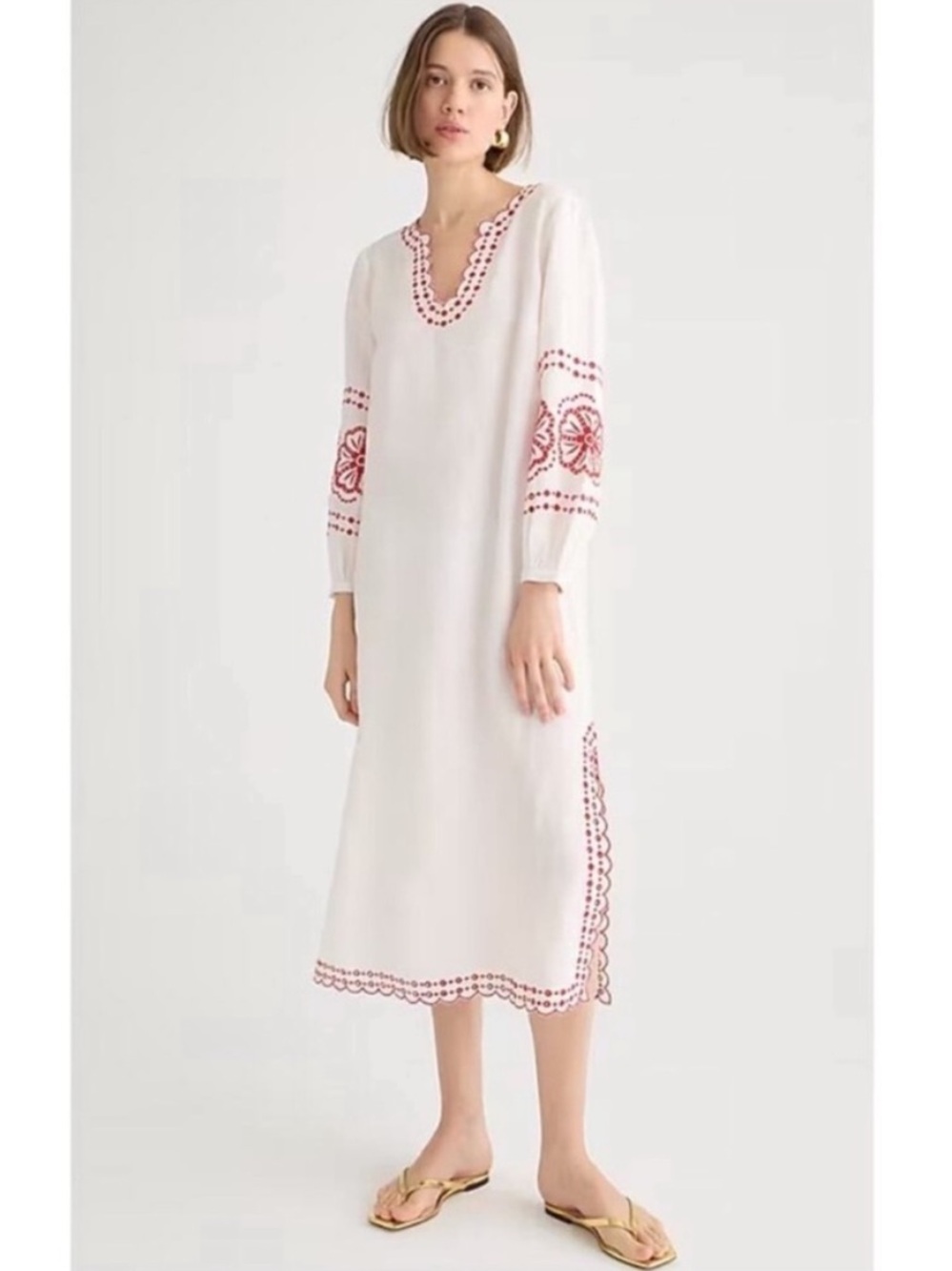 J. Crew Bungalow Embroidered Midi Dress Caftan Mumu White Red 100% Linen S $198